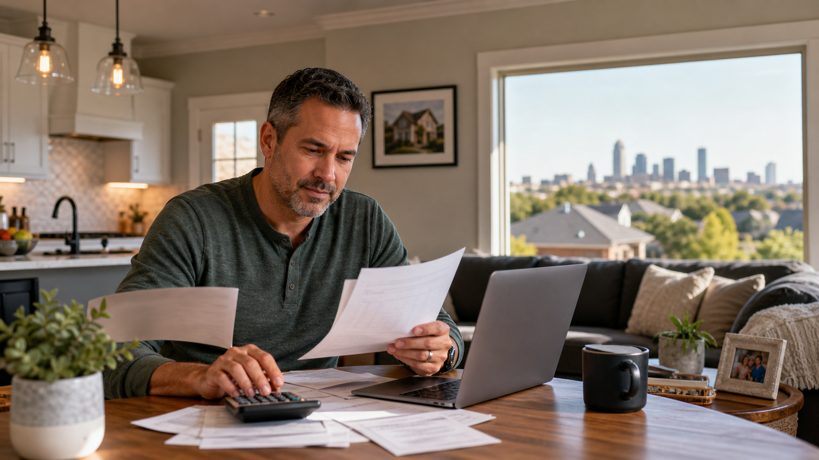 Man in a green shirt sits at a wooden table, using a calculator and reviewing papers with a laptop nearby in a bright home office/kitchen.